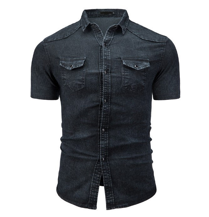 New Men's Fashion Short Sleeve Denim Shirt Soft Solid Color Slim Fit Cowboy Top for Men