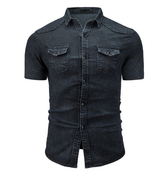 New Men's Fashion Short Sleeve Denim Shirt Soft Solid Color Slim Fit Cowboy Top for Men