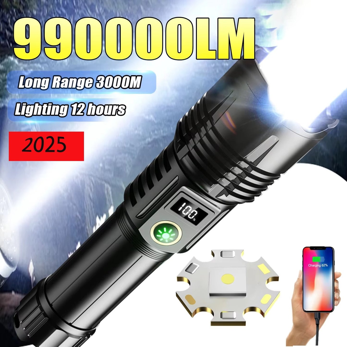 990000LM Most Powerful Flashlight Type-c Recharge 3000M Spotlight Tactical Flash Light 5000mAh High Power Led Flashlights Torch