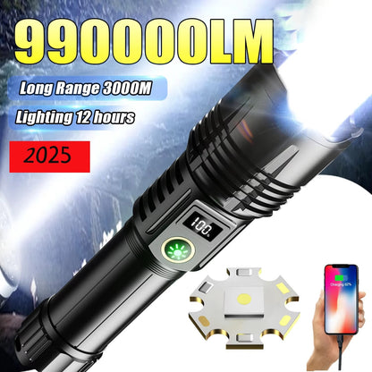 990000LM Most Powerful Flashlight Type-c Recharge 3000M Spotlight Tactical Flash Light 5000mAh High Power Led Flashlights Torch