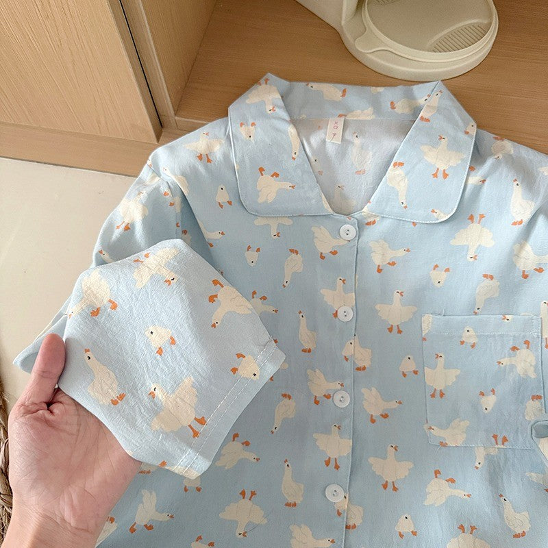 Sweet Cute Goose Print Korean Fashion Women's Pajamas Nightwear Kawaii Casual Lapel Neck Y2K Pajamas Set Autumn New Loungewear