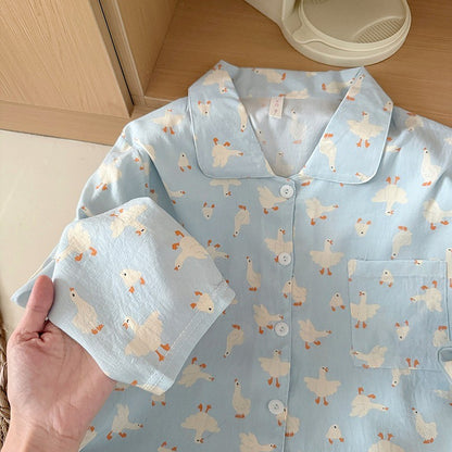 Sweet Cute Goose Print Korean Fashion Women's Pajamas Nightwear Kawaii Casual Lapel Neck Y2K Pajamas Set Autumn New Loungewear