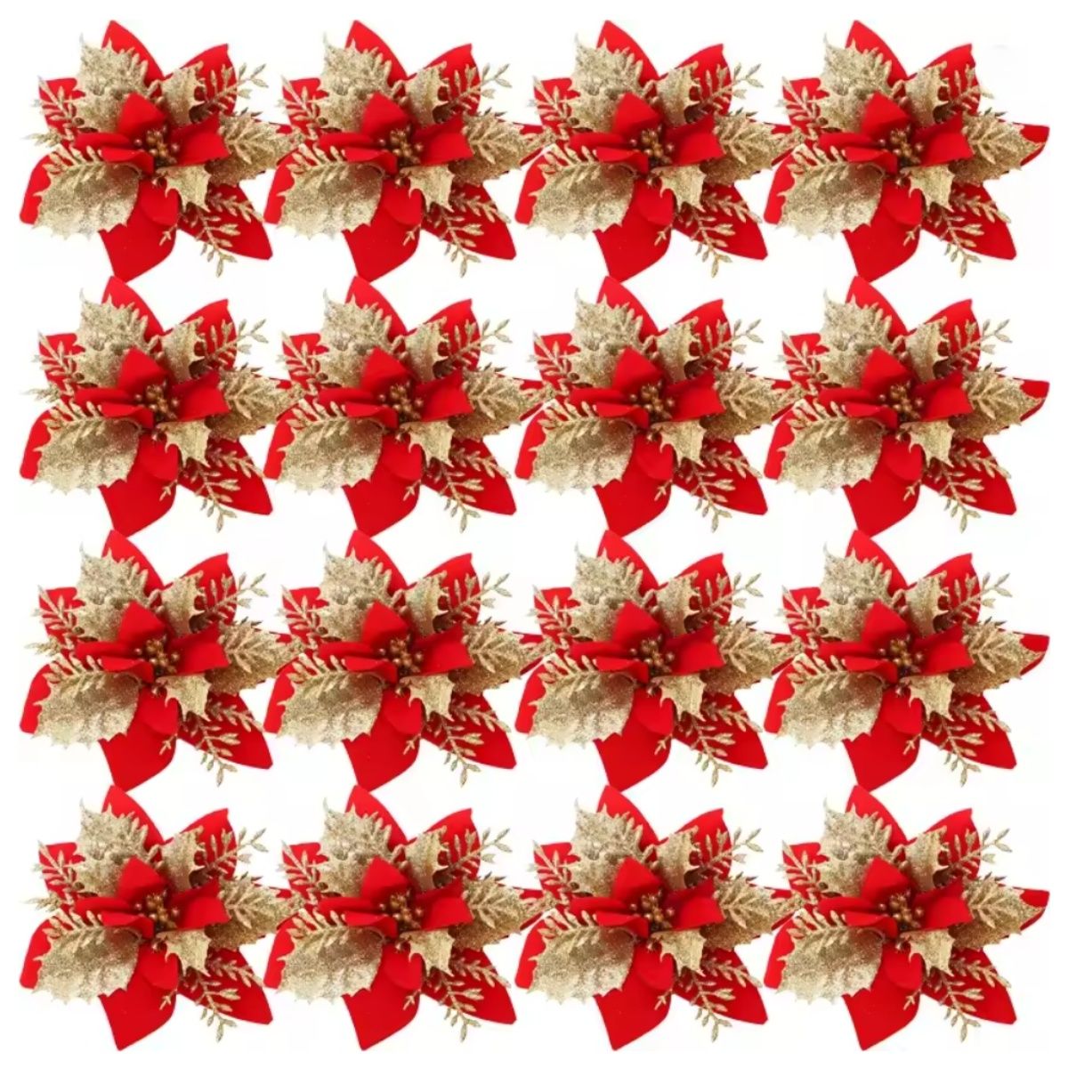 Large Glitter Artificial Christmas Flowers with Clips DIY Fake Flower Xmas Tree Ornaments for Home New Year Decoration Supplies