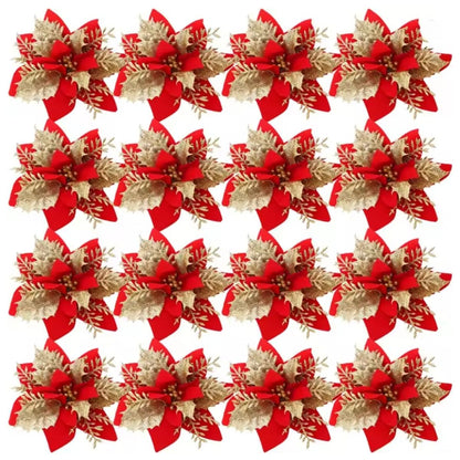 Large Glitter Artificial Christmas Flowers with Clips DIY Fake Flower Xmas Tree Ornaments for Home New Year Decoration Supplies