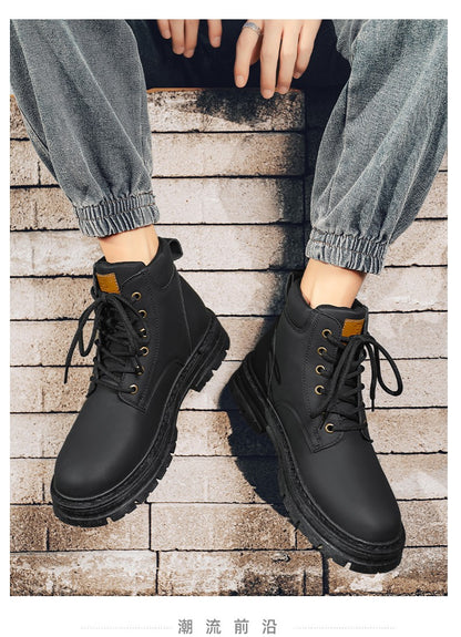 Botas masculinas de cano alto para as quatro estações, sapatos de trabalho ao ar livre antiderrapantes e confortáveis, botas amarelas de couro casuais britânicas da moda