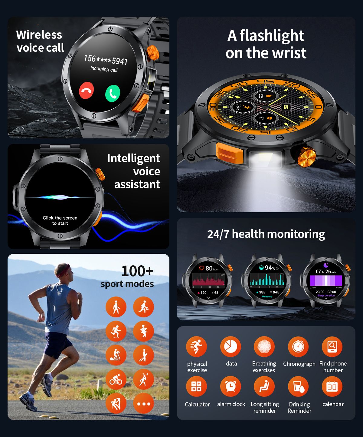 LIGE Fashion Smart Watch Men Voice Assistant Bluetooth Call Heart Rate Monitoring IP68 Waterproof LED Flashlight Men SmartWatch