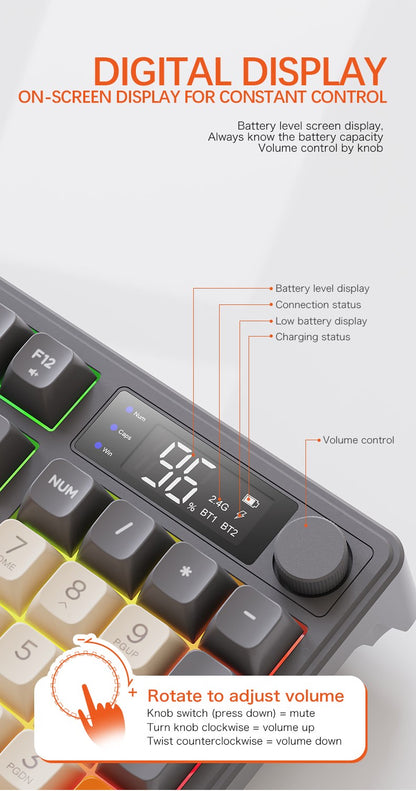 Teclado Sem Fio FreeWolf M96 com Tela, Teclado Gamer Bluetooth Conexão Dual-Mode, Conexão Multi-Dispositivos, Ergonômico