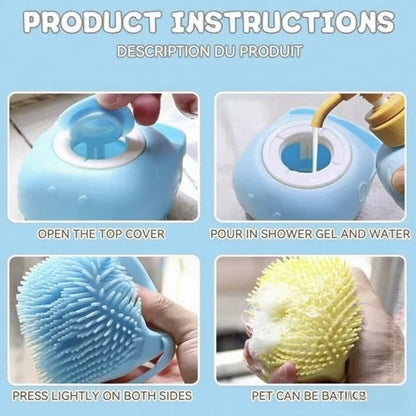 Escova de Banho para Animais de Estimação em Borracha Macia de Silicone com Reservatório de Shampoo Integrado Desembaraçadora e Autolimpante para Cães e Gatos Escova de Banho