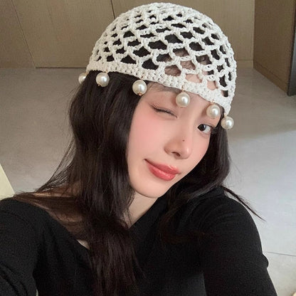 Fashion Round Beads Knitted Hat Crochet Pearl Fringed Woven for Women Travel Versatile Hollow Breathable Retro Beanies Cap