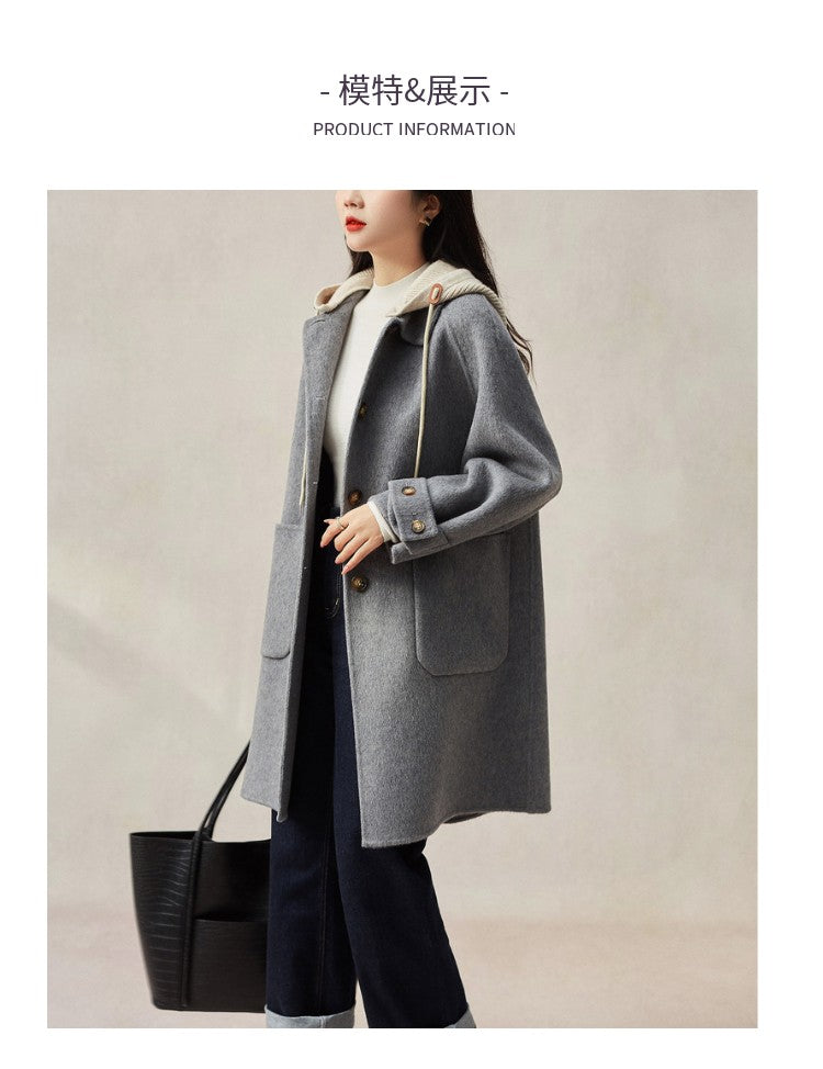 New Women Double-sided Cashmere Coat Female Solid Long Hooded Single Breasted Warm Woolen Coats Loose Tide Autumn Winter