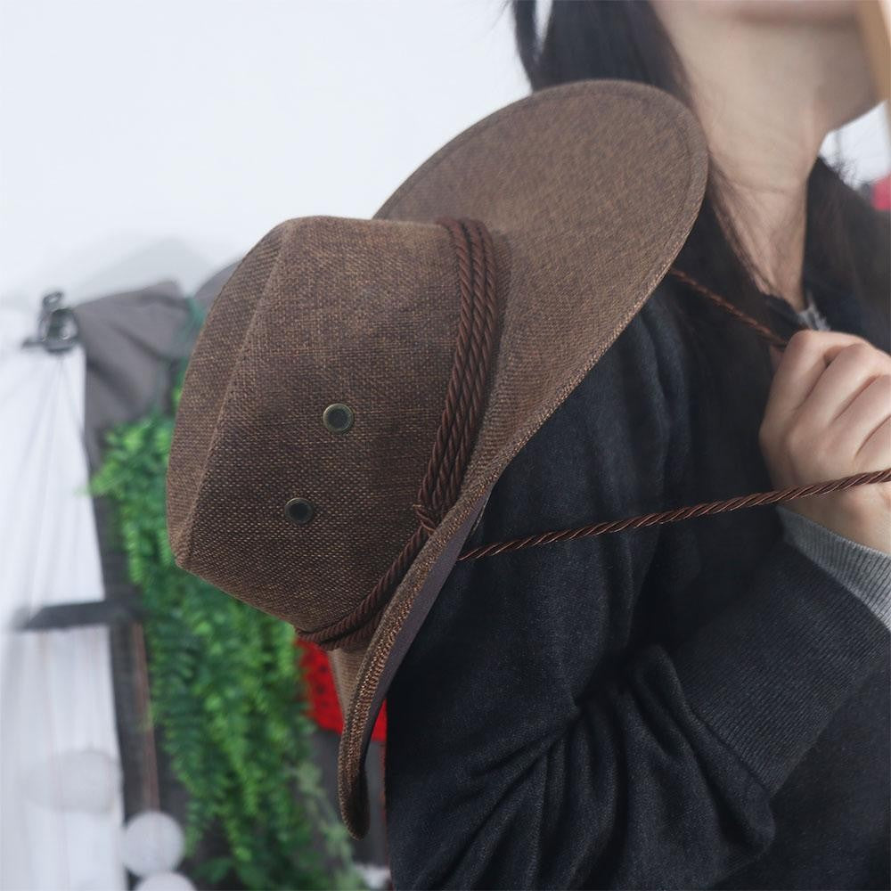 Linen Western Cowboy Hat Beach Cap Wide Brim Summer Sun Hat Outdoor Visor Cap Sun Protection Cap Beach Sunscreen Cap Summer