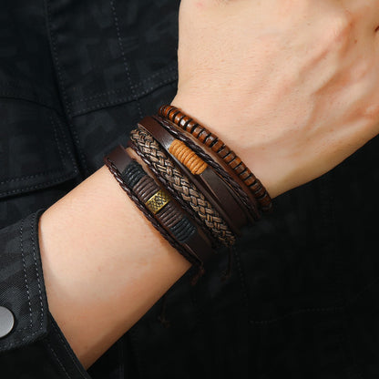Conjunto de 4 Pulseiras Masculinas Trançadas de Couro com Fecho, Vintage Árvore da Vida Leme, Miçangas de Madeira, Étnicas Tribais, Bracelete de Corda
