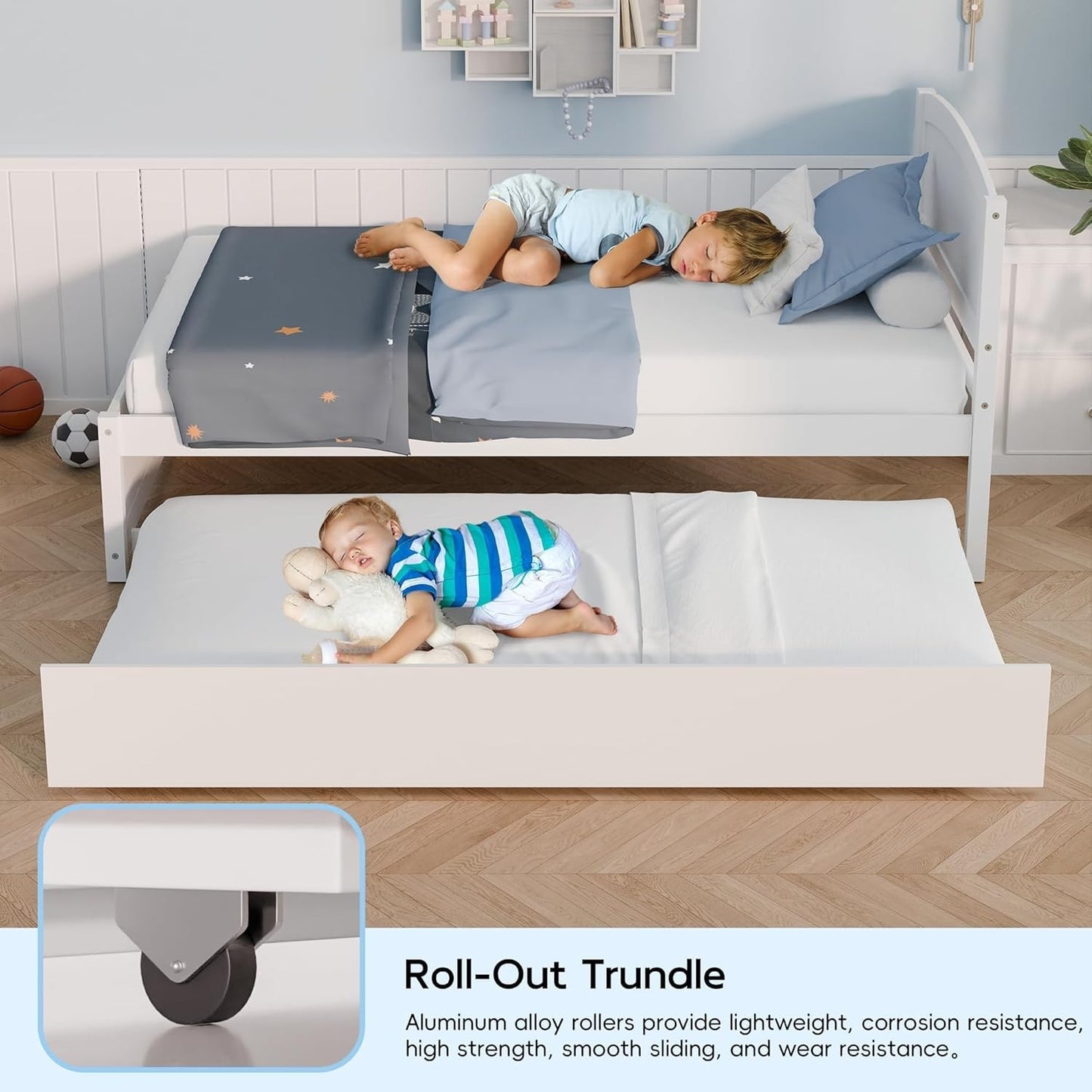 Daybed with Trundle, Twin Size Pull Out Bed, Solid Wood Extendable Day with Trundle Bed Twin, Include Slat Support (Whit