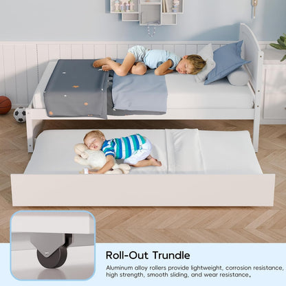 Daybed with Trundle, Twin Size Pull Out Bed, Solid Wood Extendable Day with Trundle Bed Twin, Include Slat Support (Whit