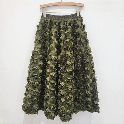3D Flowers Women Skirts Autumn Winter Solid A-line Vintage Faldas Mujer Korean Fashion Hyperbole Elegant Long Skirt JJ1746