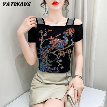 Summer New Fashion Cartoon T-shirt Chic Hollow Out Hot Diamonds Tees Sexy Off Shoulder Short Sleeve Women's Tops Blouse