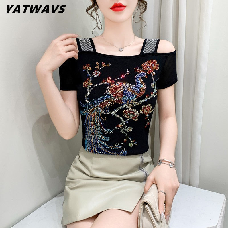 Summer New Fashion Cartoon T-shirt Chic Hollow Out Hot Diamonds Tees Sexy Off Shoulder Short Sleeve Women's Tops Blouse