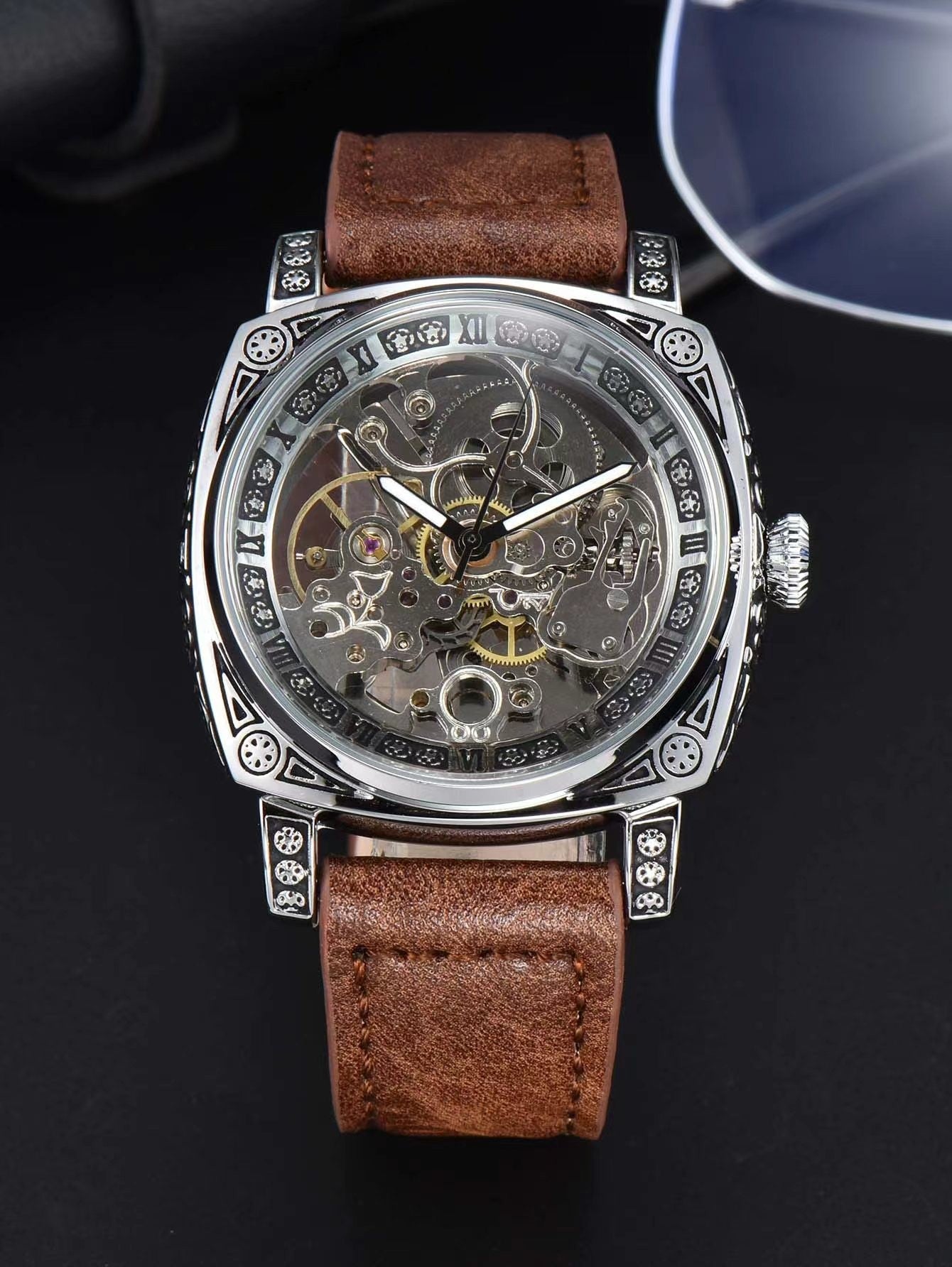 LONGLUX automatic watch retro style wholesale mechanical wristwatches skeleton carve waterproof leather no logo mens watch