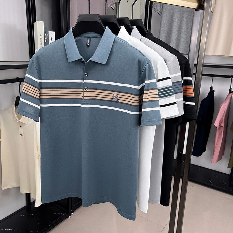 Advanced trend brand men's short sleeve polo shirt luxury striped summer breathable casual fashion letter embossed new T-shirt