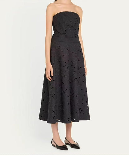 Dark Grey Wool Skirts for women 2024 Autumn Winter Big Swing A-Line Long Skirt Elegant Elastic waist Zipper Hollow Out Skirt