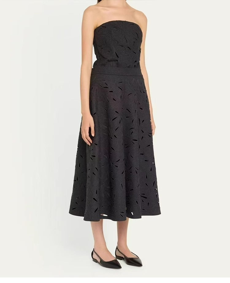 Dark Grey Wool Skirts for women 2024 Autumn Winter Big Swing A-Line Long Skirt Elegant Elastic waist Zipper Hollow Out Skirt