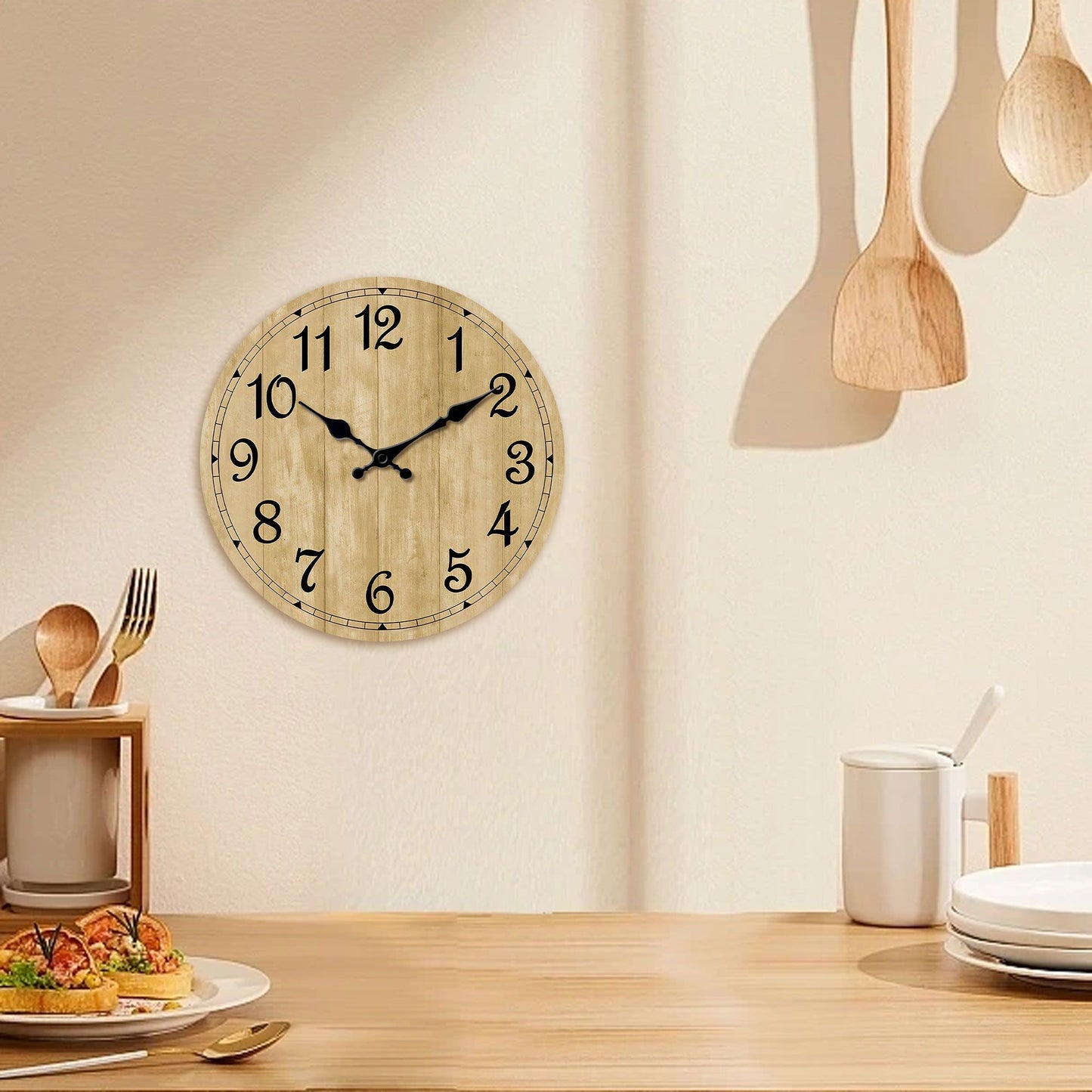Modern silent quartz wooden wall clock - imitation wood color wood texture design simple wall clock, suitable for living room, b