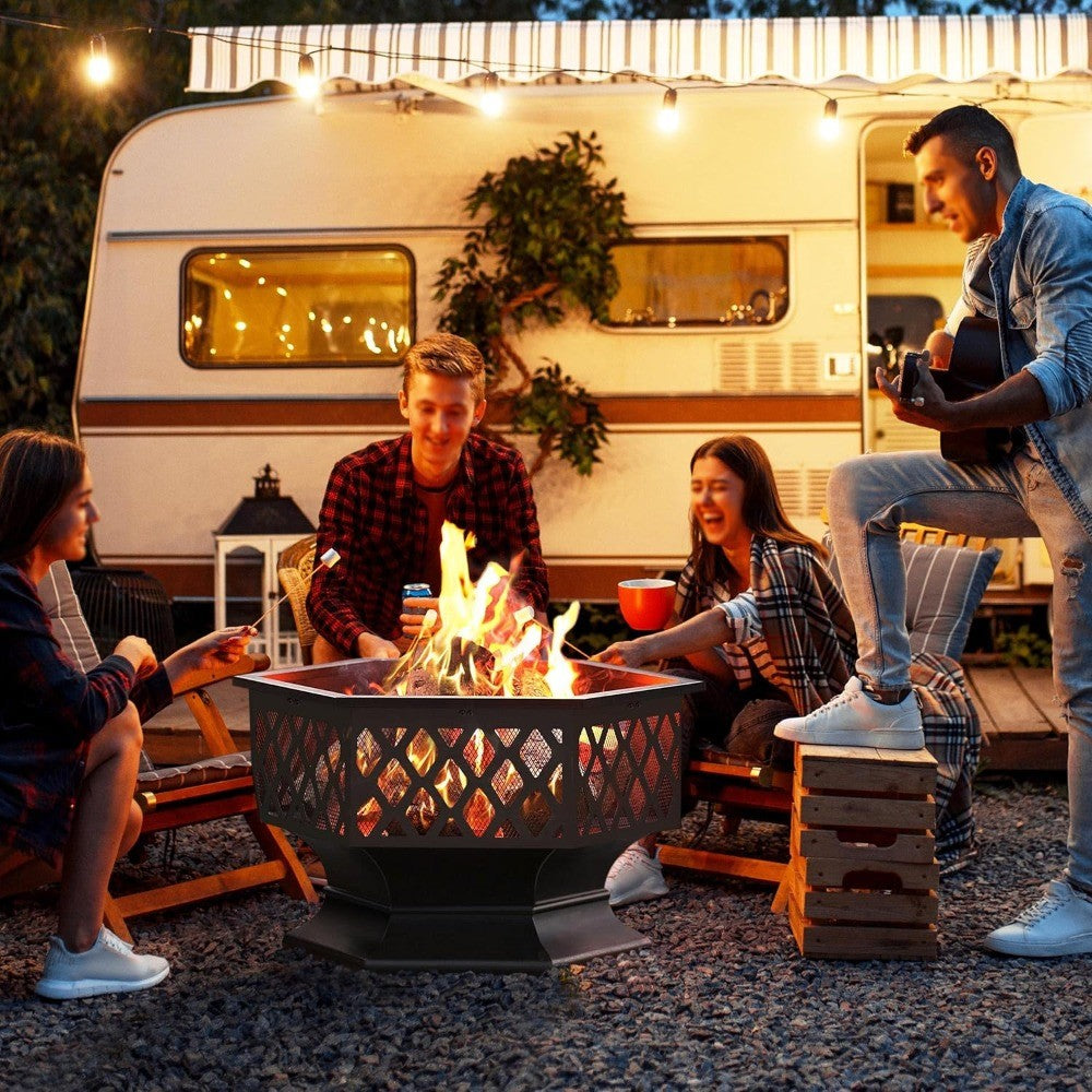 Yaheetech 28in Hex Shaped Fire Bowl - Large Wood Burning Outdoor Fire Pit with Spark Screen & Poker for Bonfire, Picnic, BBQ