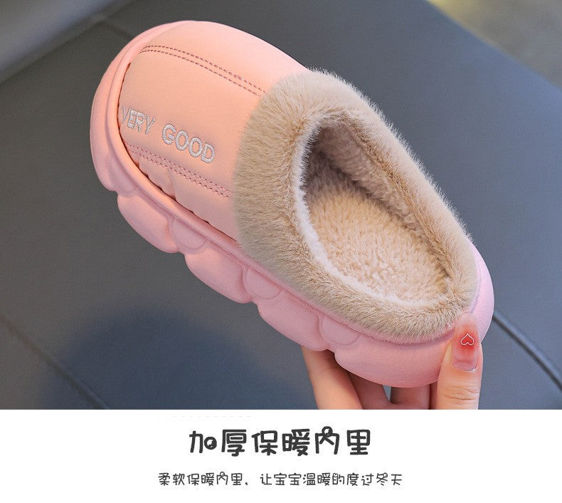 New Children's PU Leather Plush Slippers Soft Sole Non-slip Winter Warm Baby Boys Girls Indoor Home Cotton Shoes