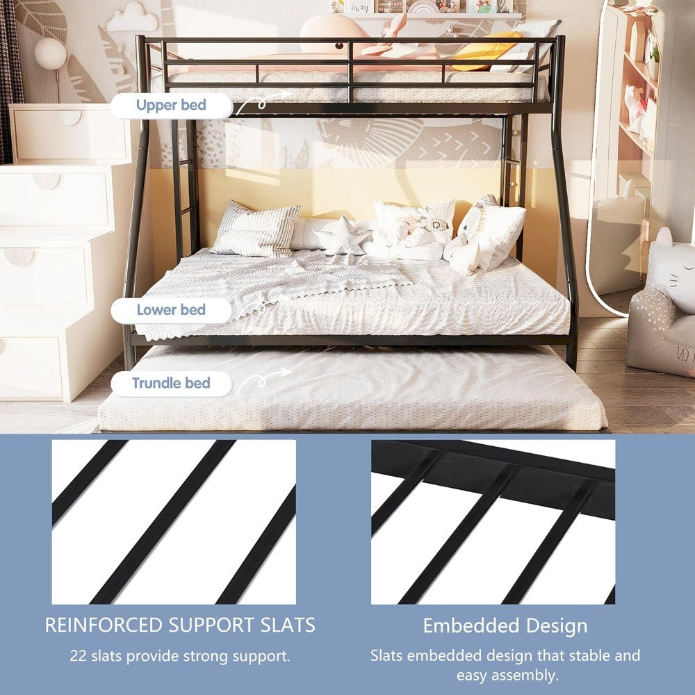 Beliche de Metal com Escadas Duplas Reforçadas, Beliche de Solteiro sobre Casal com Grades de Segurança Cercadas, Cama de Solteiro que Otimiza Espaço