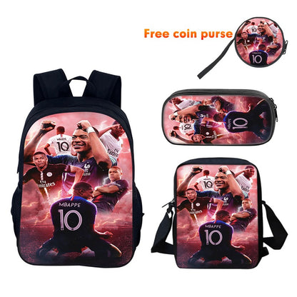 M-Mbappe Conjunto de 3 Peças Bolsa Escolar Mochila Esportiva de Futebol com Bolsas de Ombro Estojo para Canetas Mochila Escolar Jogador Estrela para Melhor Presente