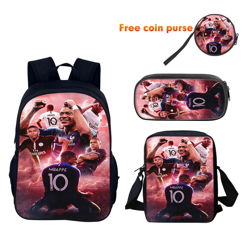 M-Mbappe Conjunto de 3 Peças Bolsa Escolar Mochila Esportiva de Futebol com Bolsas de Ombro Estojo para Canetas Mochila Escolar Jogador Estrela para Melhor Presente