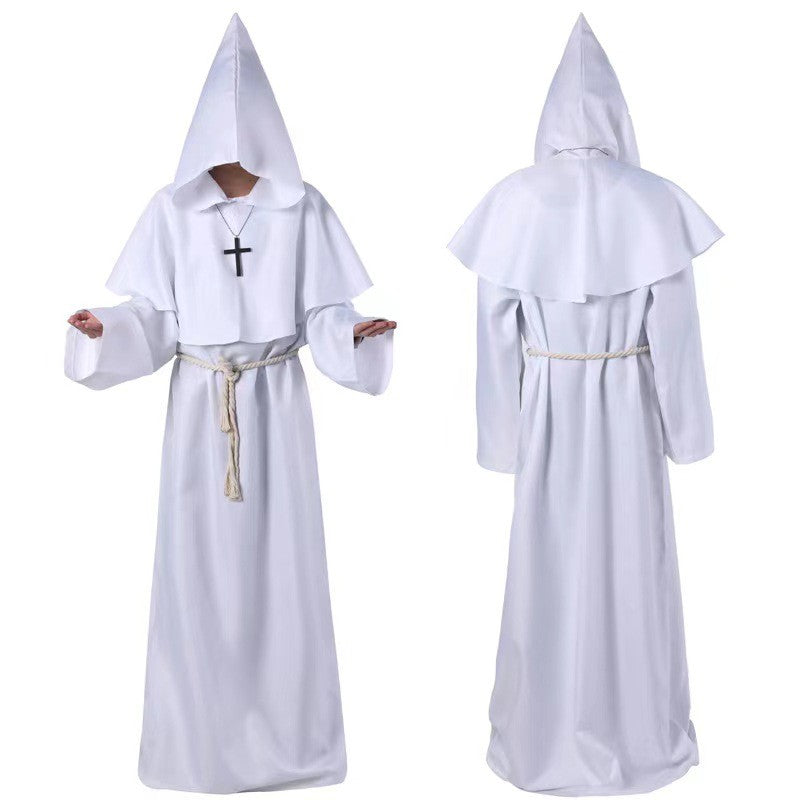 Halloween Wizard Cosplay Medieval Monk Hooded Robe Costume Mask Hat For Men Steampunk Priest Horror Masquerade Unisex Cloak Cape