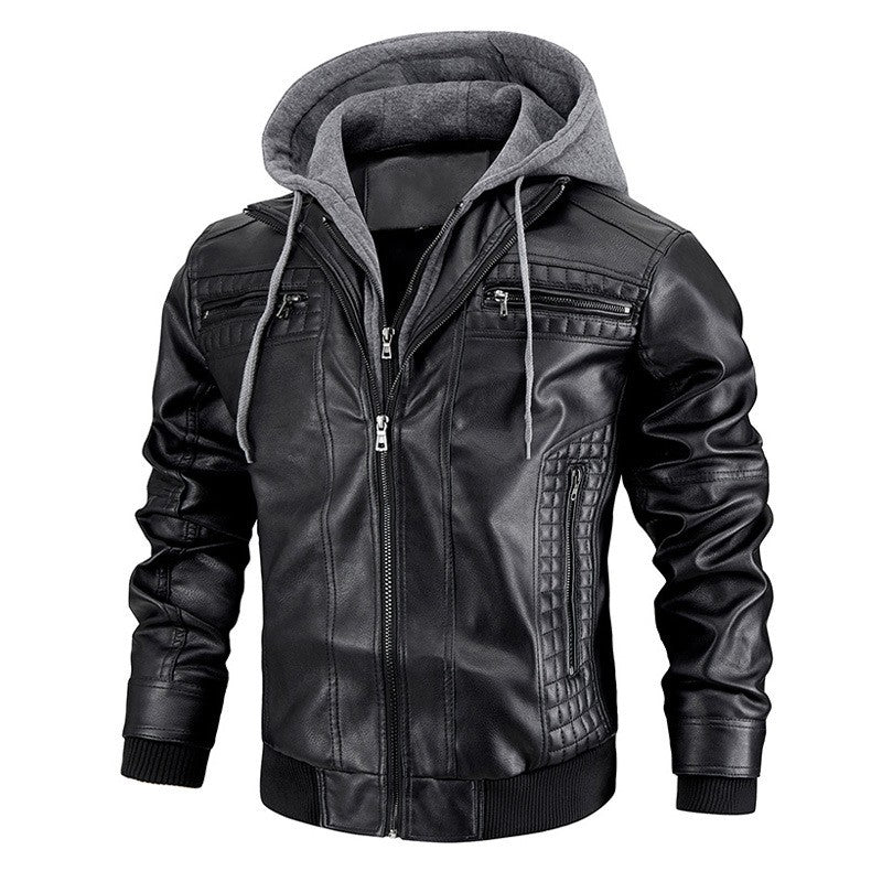 Men's PU Leather Jacket Hooded Motorcycle Slim Fit Casual Coats Men Autumn Winter Windproof Hat Detachable Biker Leather Outwear