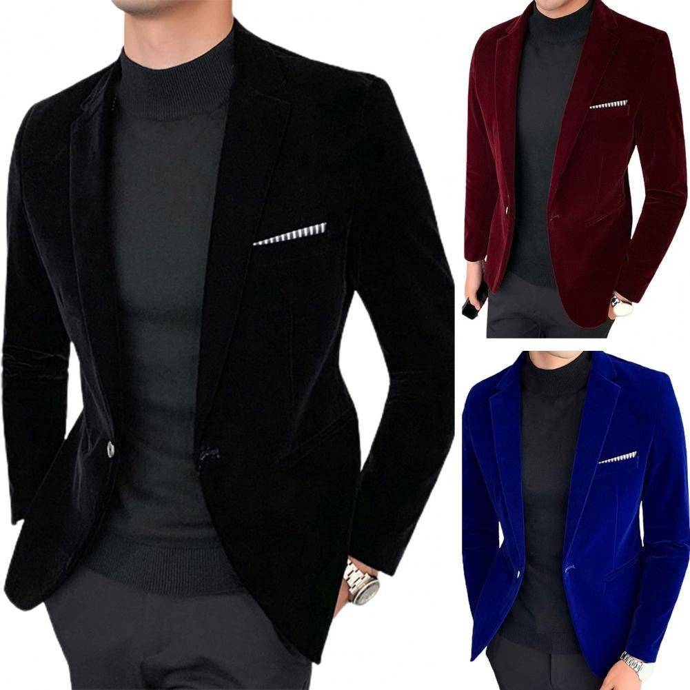 Spring Velvet Men Solid Color Temperament Suit Jacket Turndown Collar Long Sleeve Slim Fit Single Button Velvet Suit Coat