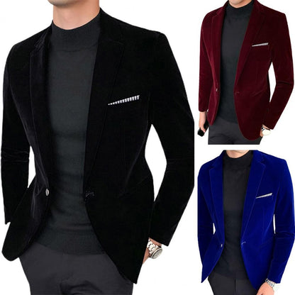 Spring Velvet Men Solid Color Temperament Suit Jacket Turndown Collar Long Sleeve Slim Fit Single Button Velvet Suit Coat