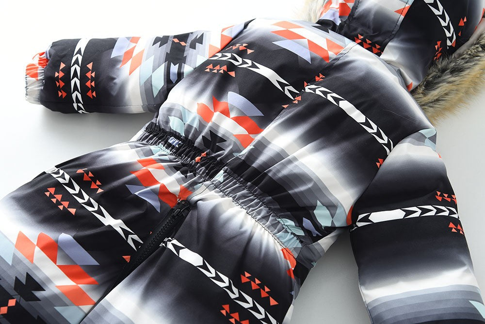 YBFSKID Kids Boys Winter Rompers Geometric Pattern Plush Thick Toddler Baby Boys Ski Suit Fur Collar Little Boys Jumpsuit Outfit