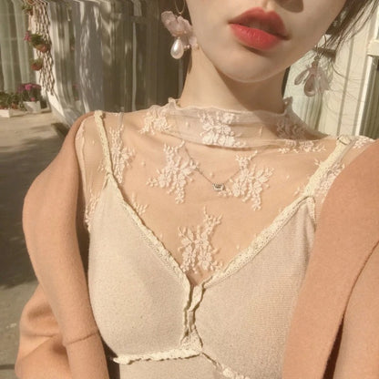 New Women Floral Lace Shirt Spring Autumn Long Sleeve Sexy Mesh Bottoming Shirts Mock Neck Blouse T-Shirt Pullover Top