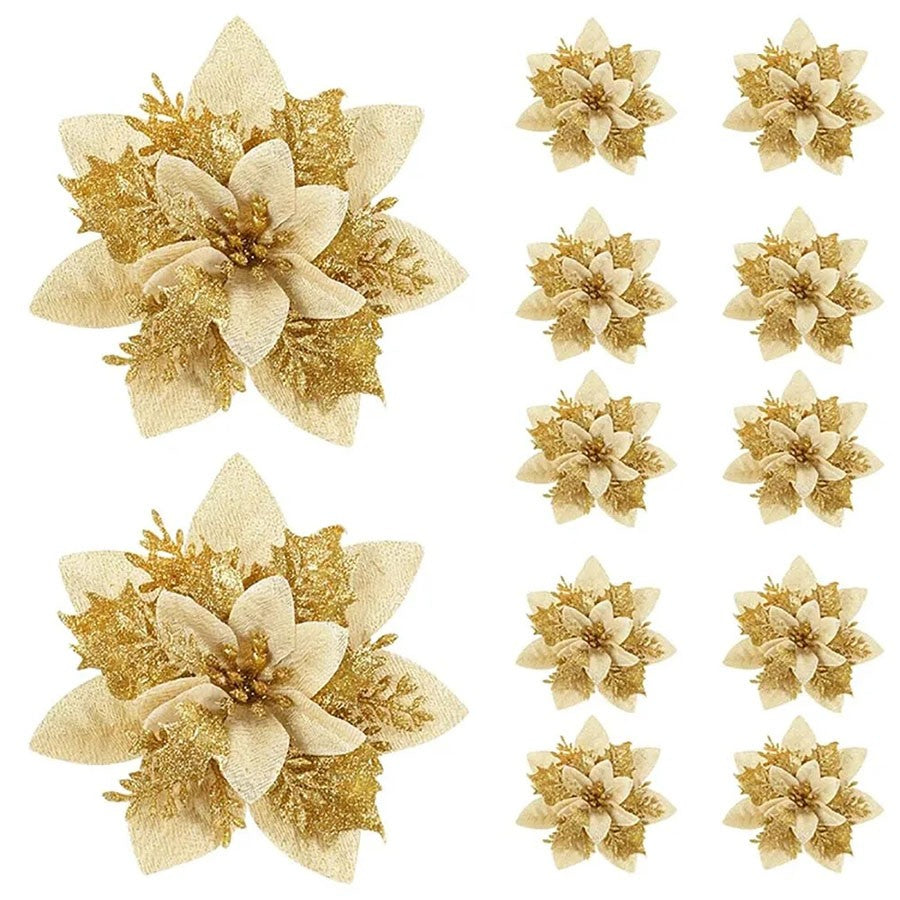 10pcs 14cm Glitter Poinsettia Christmas Artificial Flowers with Clips DIY Xmas Tree Ornaments Wreath Fireplace Decorations