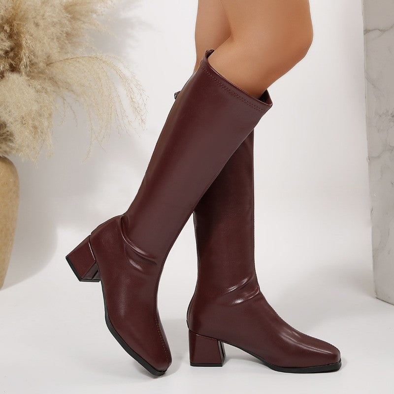 Winter Women Knee High Boots Cosy Soft Leather Thick Heel Shoes Female Vintage Slim Long Booties Zapatos De Muje