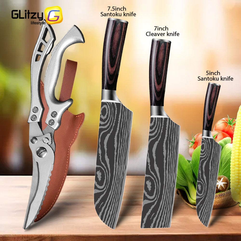 Conjunto de Facas Japonesas com Bloco e Amolador de 8 polegadas, Facas de Cozinha de Aço Damasco a Laser com Tesoura de Cozinha e Cabo de Madeira
