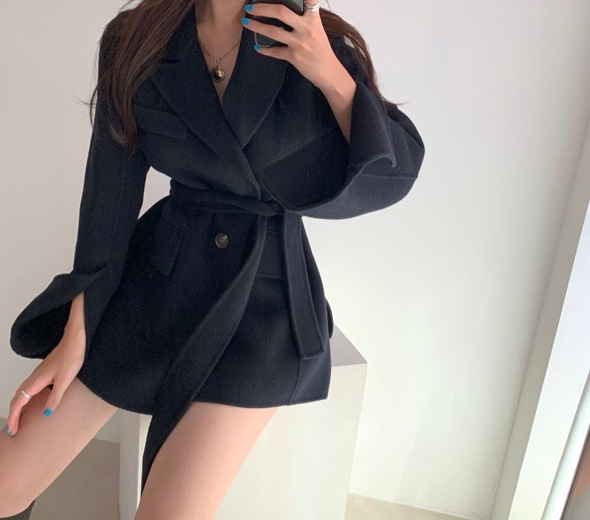 Retro Chic Autumn Winter Woolen Coat One Button Long Sve Suit Collar Waist Cinched Side Slit Warm Knitwear for Women