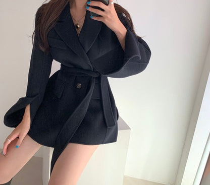 Retro Chic Autumn Winter Woolen Coat One Button Long Sve Suit Collar Waist Cinched Side Slit Warm Knitwear for Women