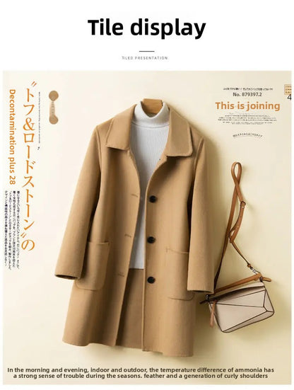 High-End Korean Style Double-Faced Cashmere Woolen Coat for Women Mid-Length Thickened Polyester Fiber Winter Outerwear