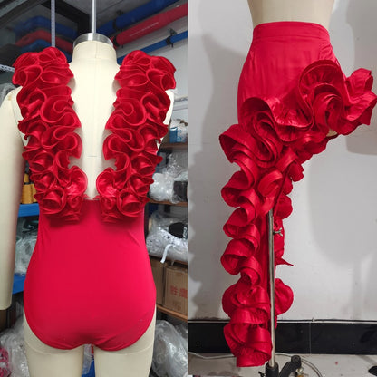 2024 Sexy Red 3D Ruffle Flower One Piece and Skirt set Swimwear beachwear Party Dress  Clearance Wholesale