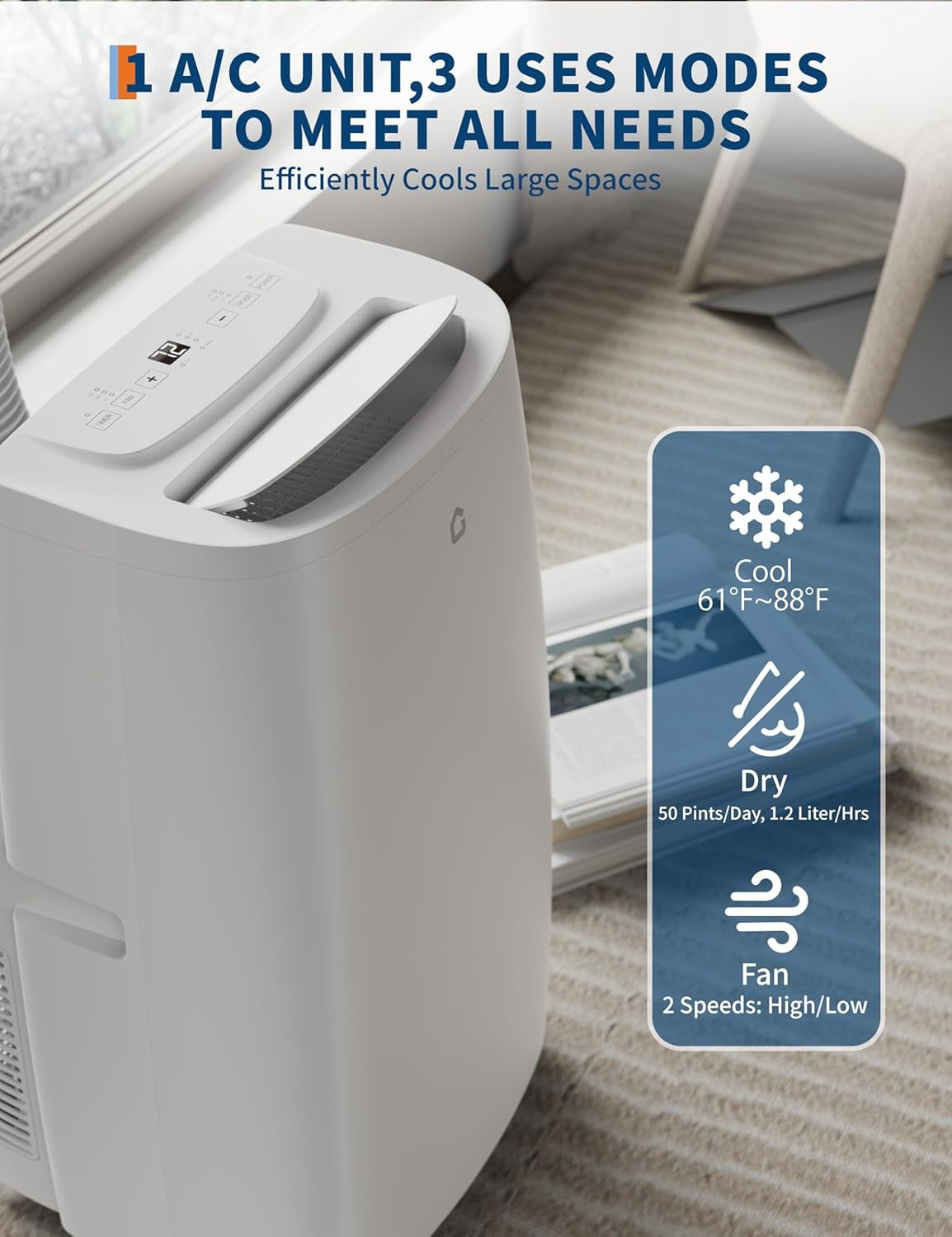 Condicionador de Ar Portátil Versátil 3 em 1 de 14.000 BTUs, Unidades de Ar Condicionado Portáteis para Ambientes com Desumidificador e Ventilador, Ar Condicionado de Quarto