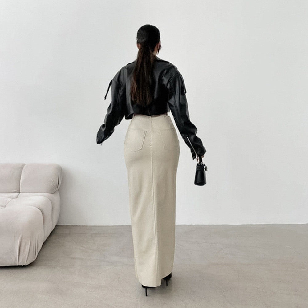 Women's Split Design Solid Color High Waist Pu Leather Skirt 2025 Spring Fall Office Lady Trendy Streetwear Long Skirts