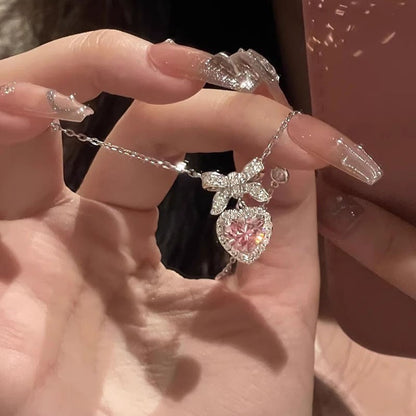 Colar coreano com pingente de laço de coração de cristal rosa, corrente prateada, para mulheres, joias estéticas para casamento