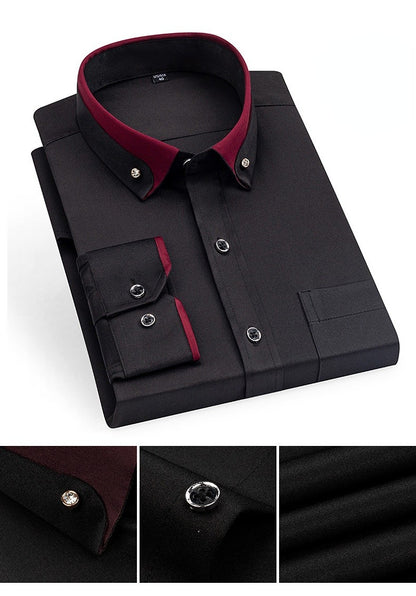 For Men's Business Dress Shirts Male Formal Button-Down Social Collar Camisa Social Elastic Anti-wrinkle Casual Men Shirt Pocket