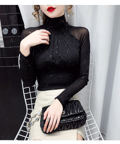 Korean fashion Women Mesh top High neck Sexy Black bottoming t shirt Casual Bright silk Lady shirt Blusa