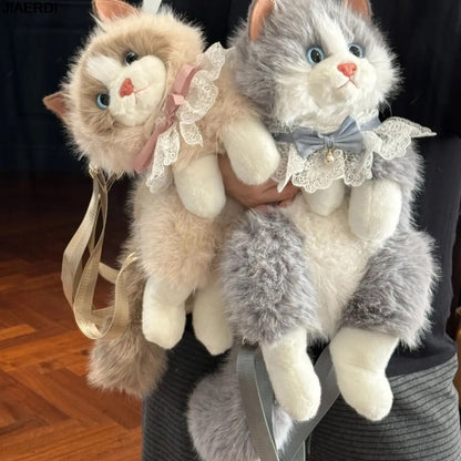 Mochila Nova e Fofa Realista de Ragdoll Feminina, Boneca de Pelúcia de Gato, Mochila Pequena de Lolita, Desenho Animado, Personalidade, Mochilas Chiques para Mulheres